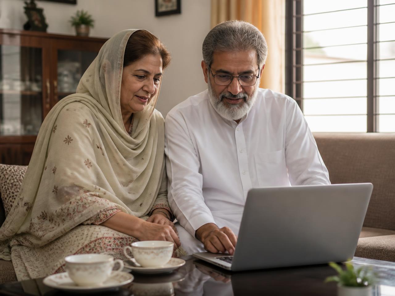 Parents reviewing matrimonial profiles together on a laptop at home