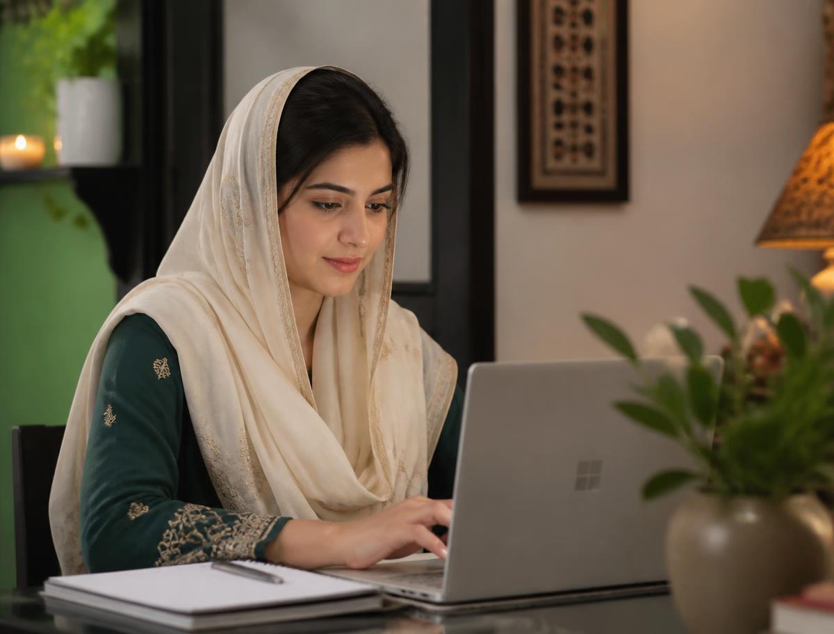 A woman using Nisbat.AI on a laptop at home